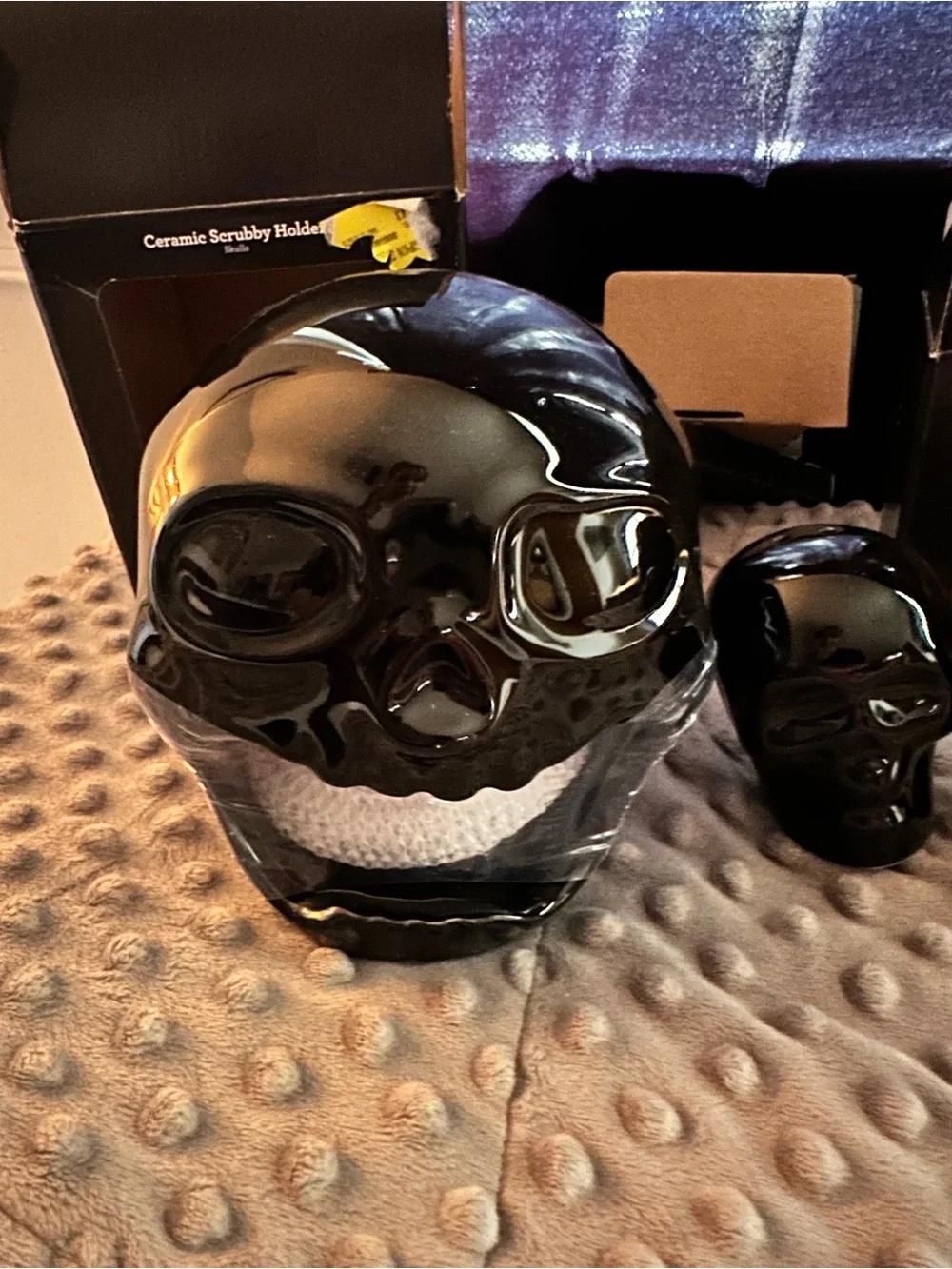 Black Glass Skull Sponge Holder -and salt and pepper shakers